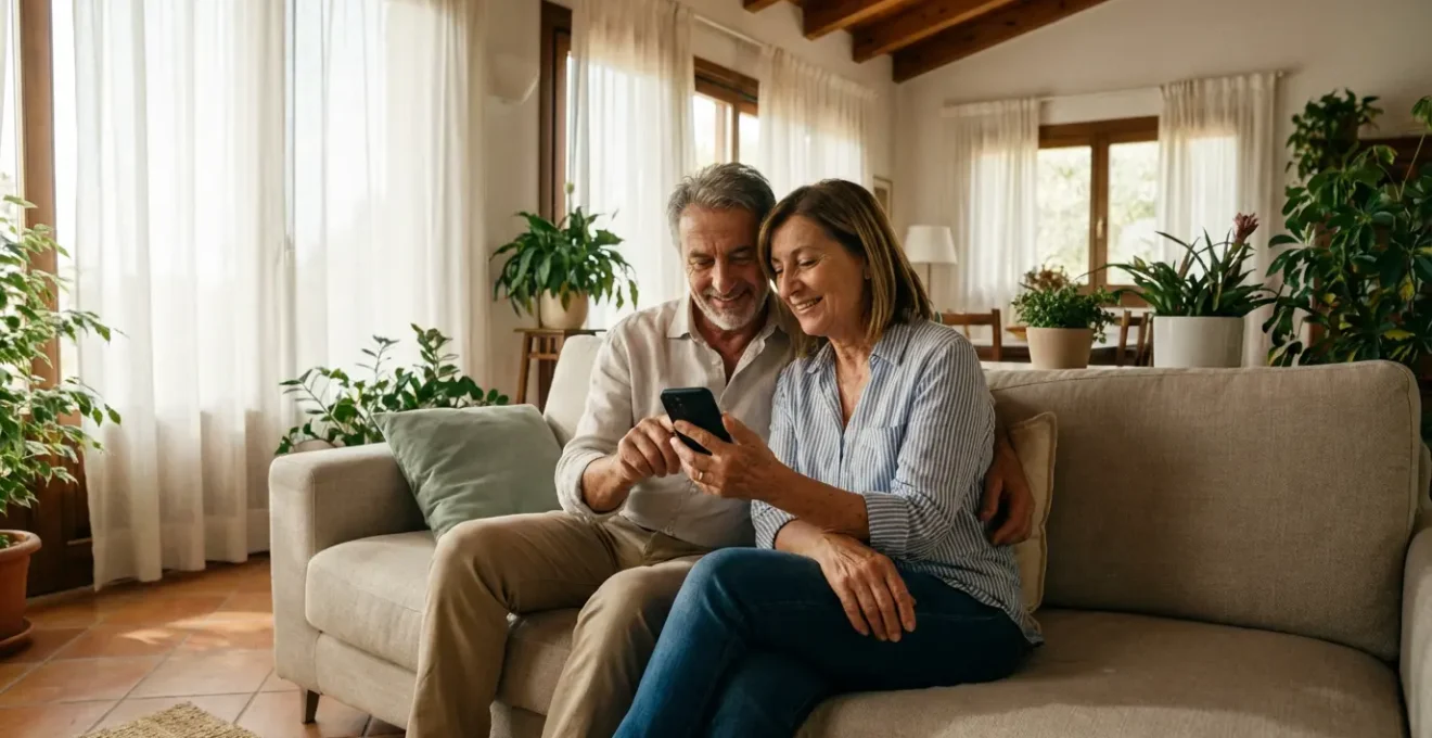 Coppia italiana consulta stima immobiliare online sullo smartphone nel salotto di casa