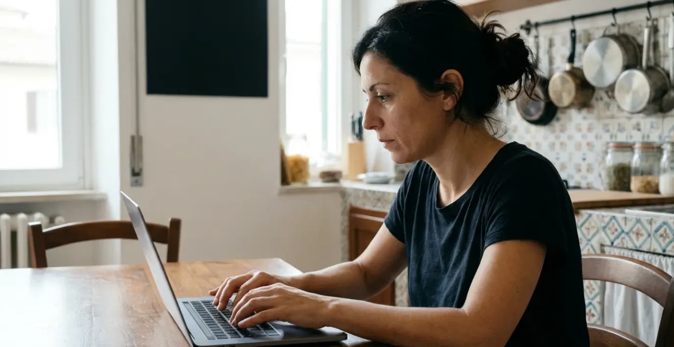 Donna italiana utilizza laptop per valutazione immobiliare online nel suo appartamento