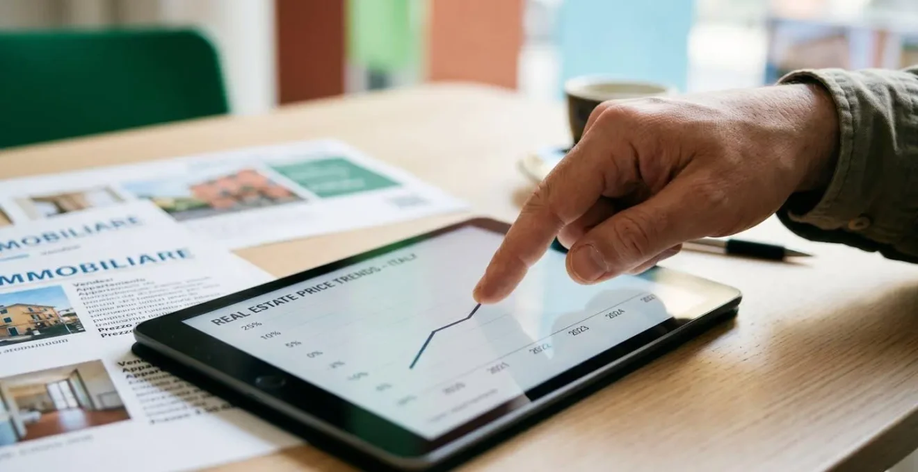 Primo piano estremo di dito che indica linea grafico trend prezzi immobiliari su schermo tablet, annunci mercato italiano visibili sfocati sullo sfondo, profondità campo ridotta