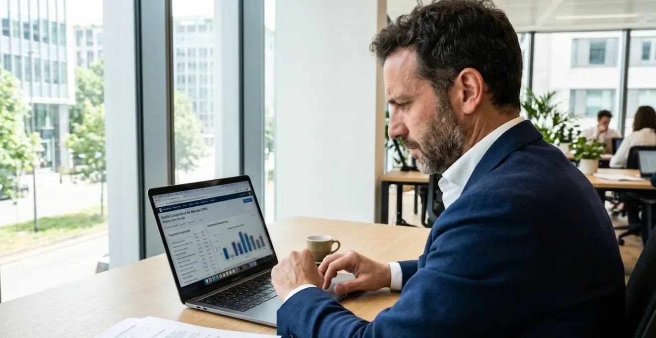 Professionista immobiliare italiano in ufficio contemporaneo analizza dati comparativi mercato su laptop visto di profilo, espressione concentrata, schermo mostra grafici confronto prezzi sfocati