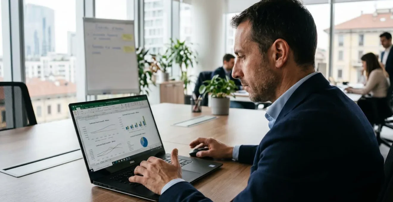 Professionista immobiliare italiano in ufficio contemporaneo analizza dati comparativi mercato su laptop visto di profilo, espressione concentrata, schermo mostra grafici confronto prezzi sfocati