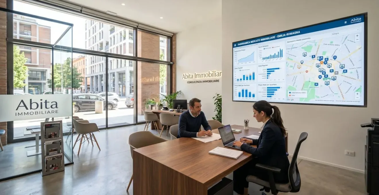 Ufficio immobiliare moderno italiano con grande schermo a parete che mostra dashboard dati di mercato con grafici e mappe città, illuminazione naturale abbondante da finestre