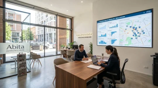 Ufficio immobiliare moderno italiano con grande schermo a parete che mostra dashboard dati di mercato con grafici e mappe città, illuminazione naturale abbondante da finestre