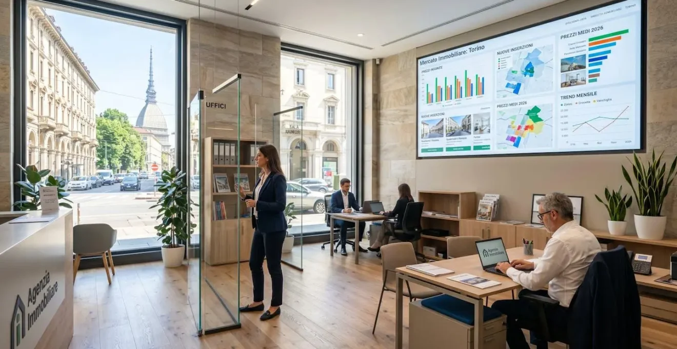 Ufficio immobiliare moderno italiano con grande schermo a parete che mostra dashboard dati di mercato con grafici e mappe città, illuminazione naturale abbondante da finestre