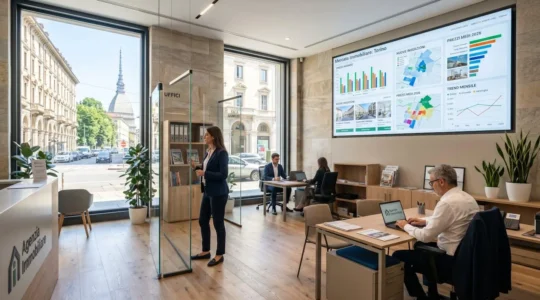 Ufficio immobiliare moderno italiano con grande schermo a parete che mostra dashboard dati di mercato con grafici e mappe città, illuminazione naturale abbondante da finestre