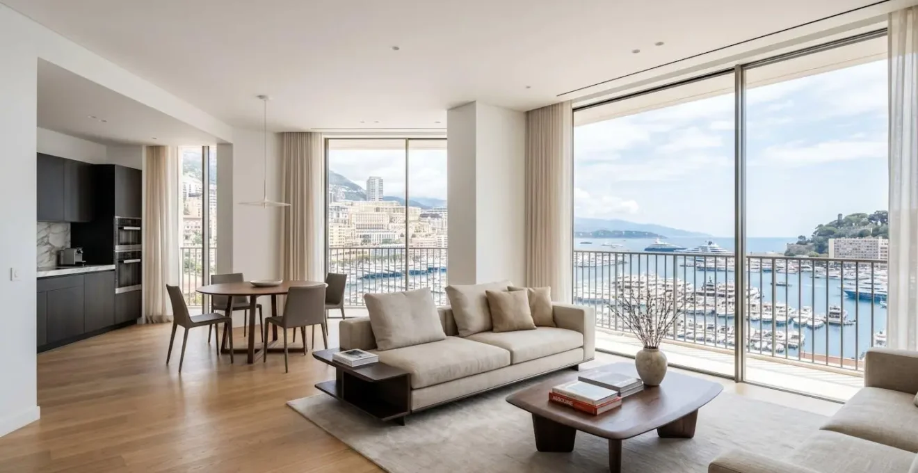 Interno di un appartamento di lusso a Monaco con ampia finestra sul porto e arredi contemporanei
