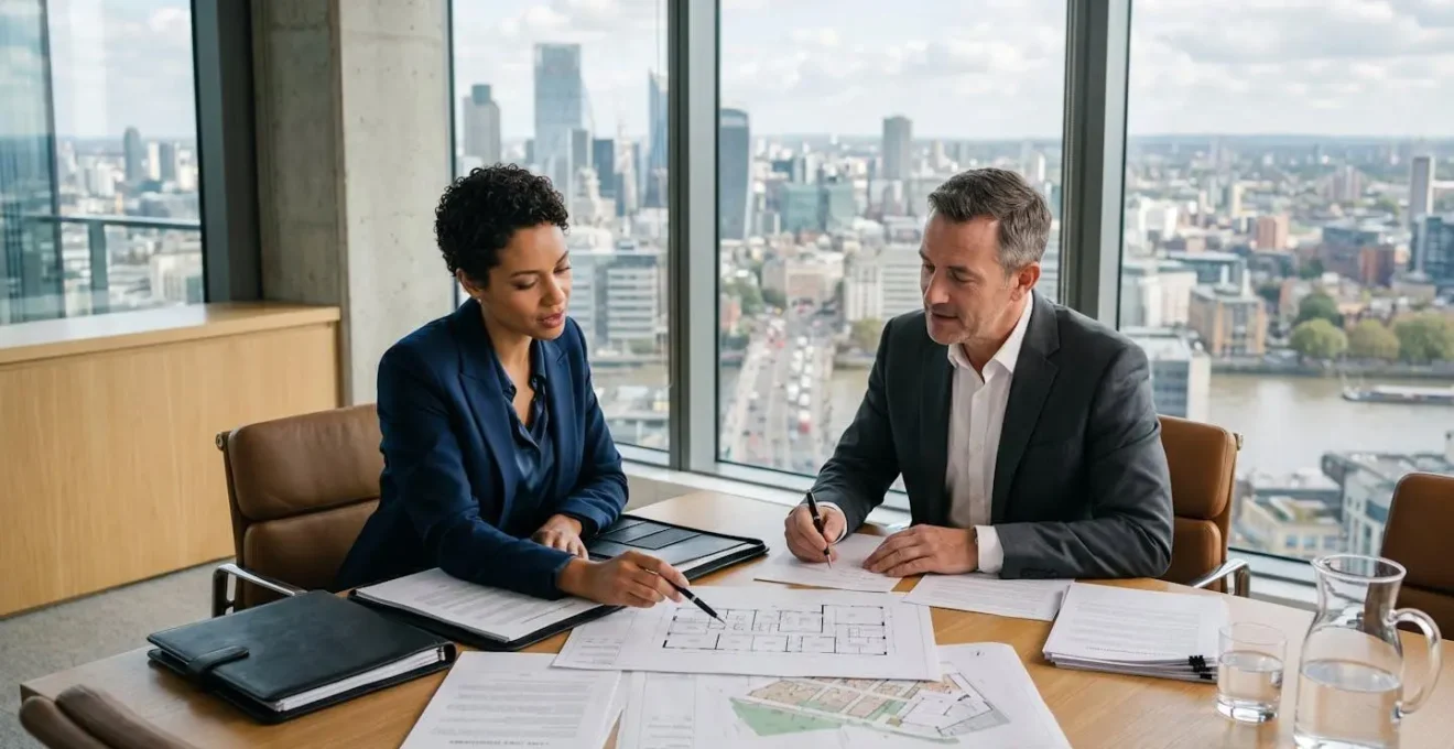 Due professionisti in abiti formali analizzano documenti immobiliari in un ufficio con vista sulla città