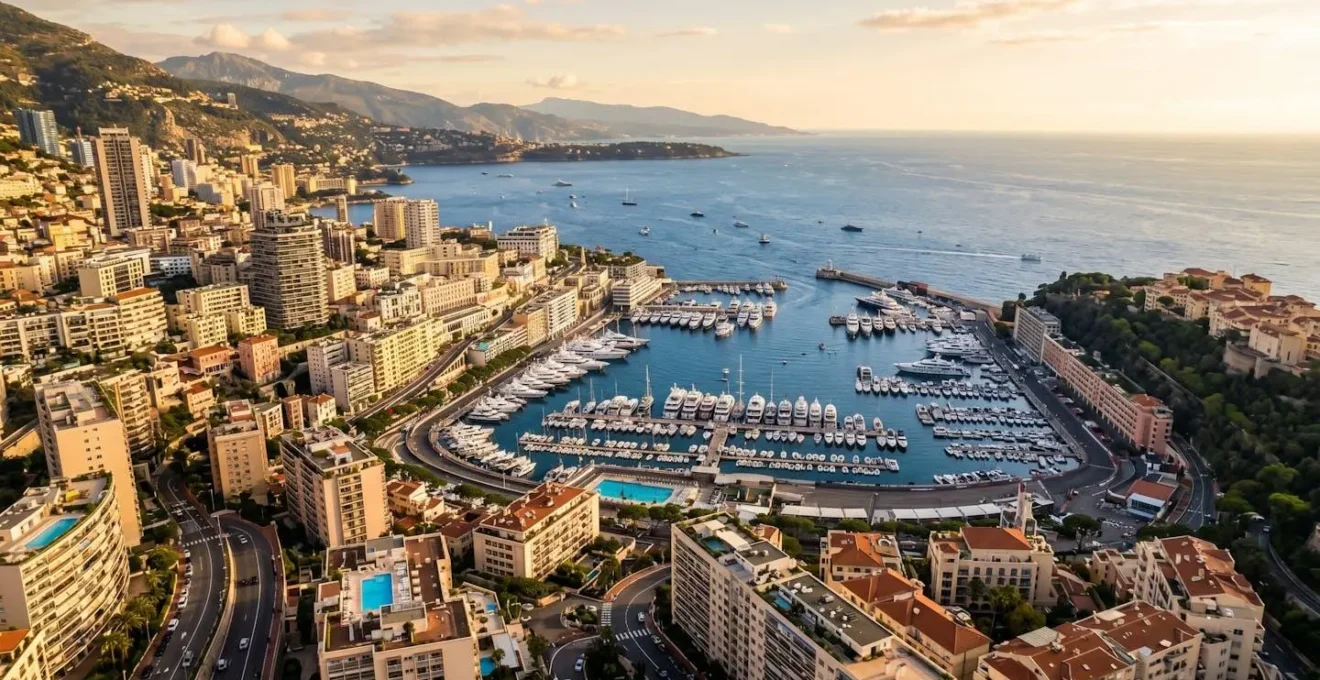 Veduta aerea del Principato di Monaco con edifici residenziali di lusso affacciati sul porto e sul mare