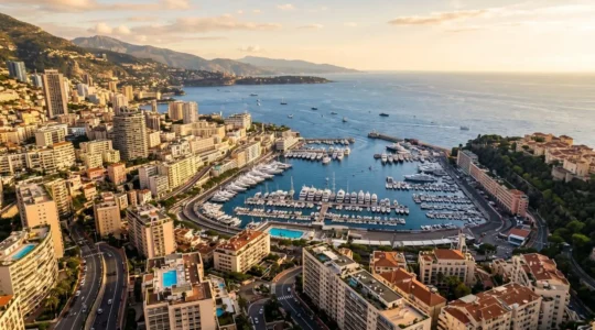Veduta aerea del Principato di Monaco con edifici residenziali di lusso affacciati sul porto e sul mare